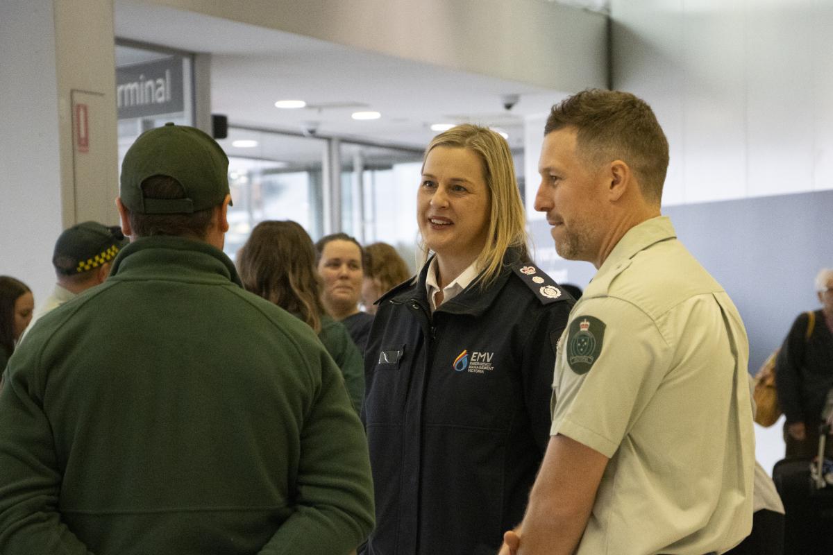 Deputy Emergency Management Commissioner, Allyson Lardner with FFMVic firefighters at Melbourne Airport.